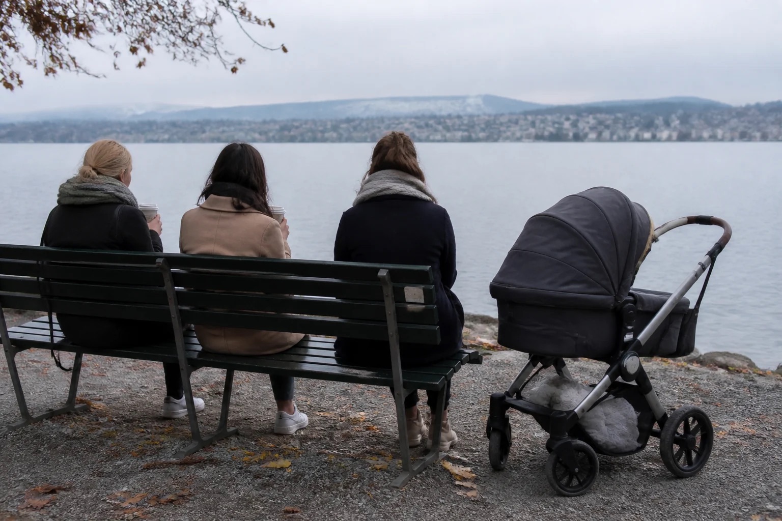 Three mothers on a bench by Lake Zürich with takeaway coffee, a stroller beside them