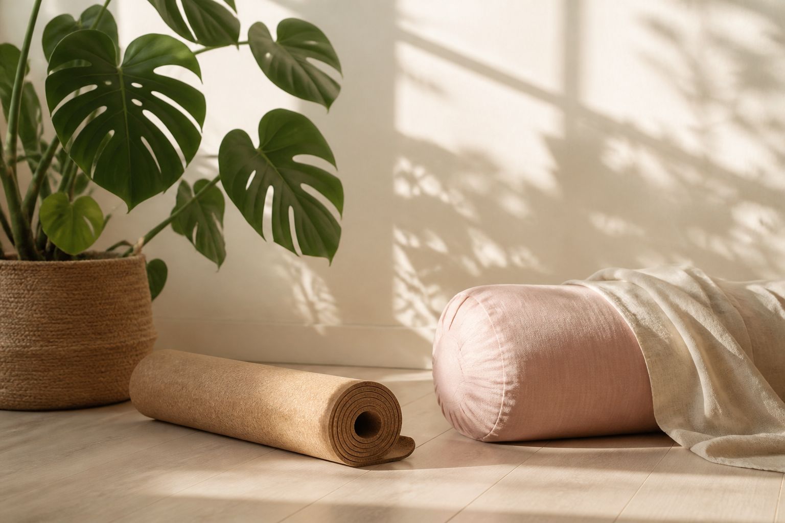 Rolled cork yoga mat and blush bolster beside a monstera plant in soft morning light