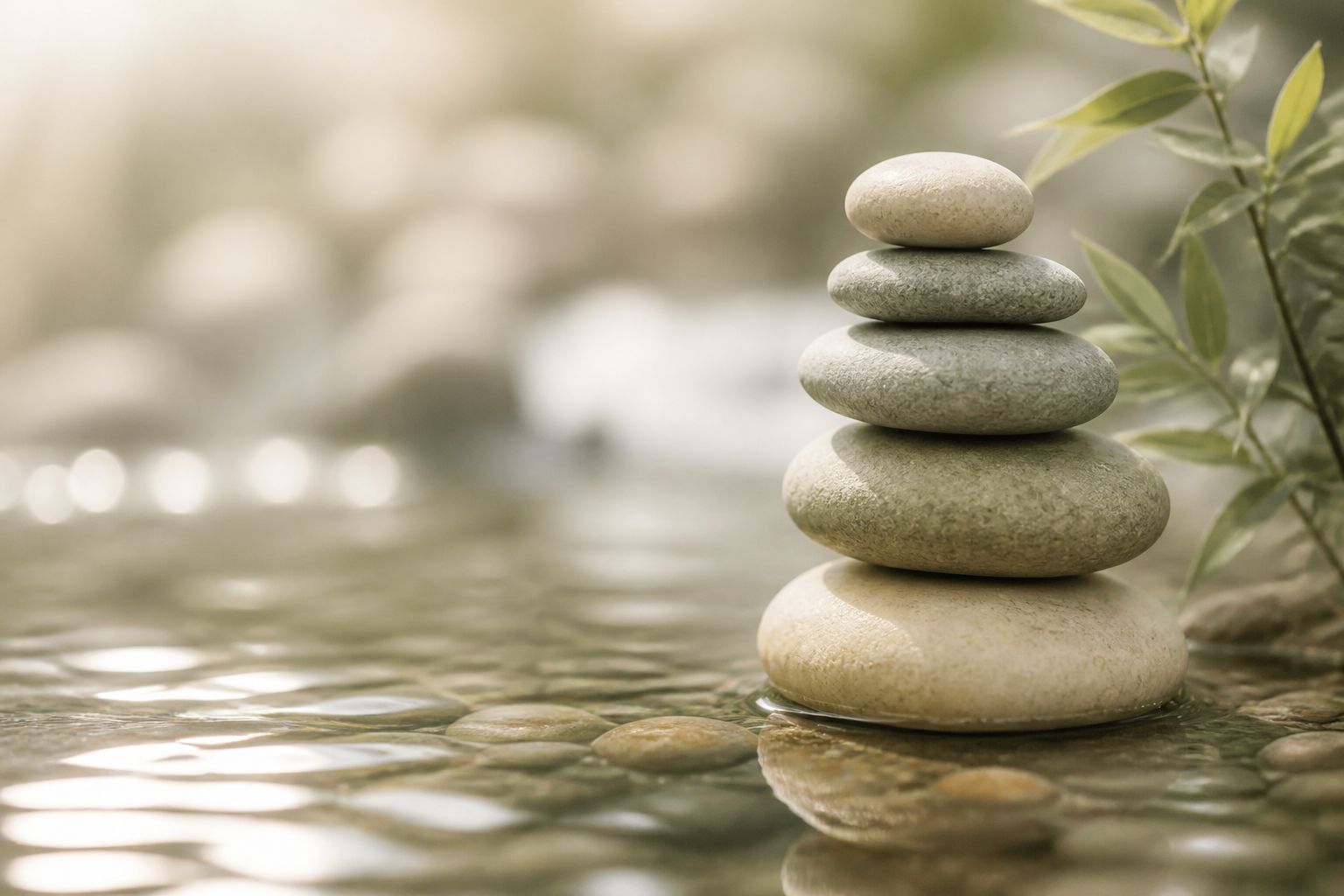 Balanced river stones beside calm water