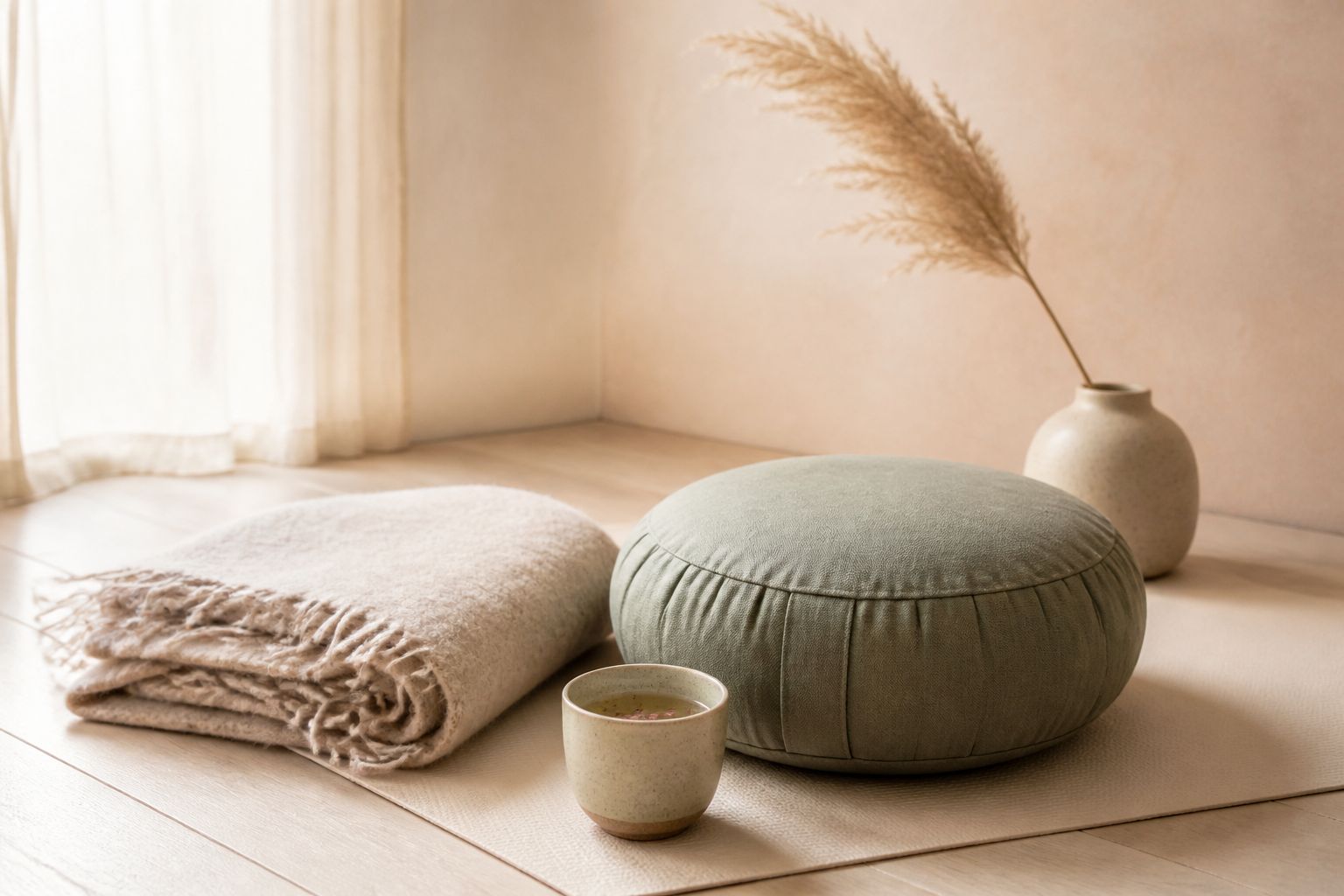 Wool blanket, sage meditation cushion and a cup of tea on a wooden floor