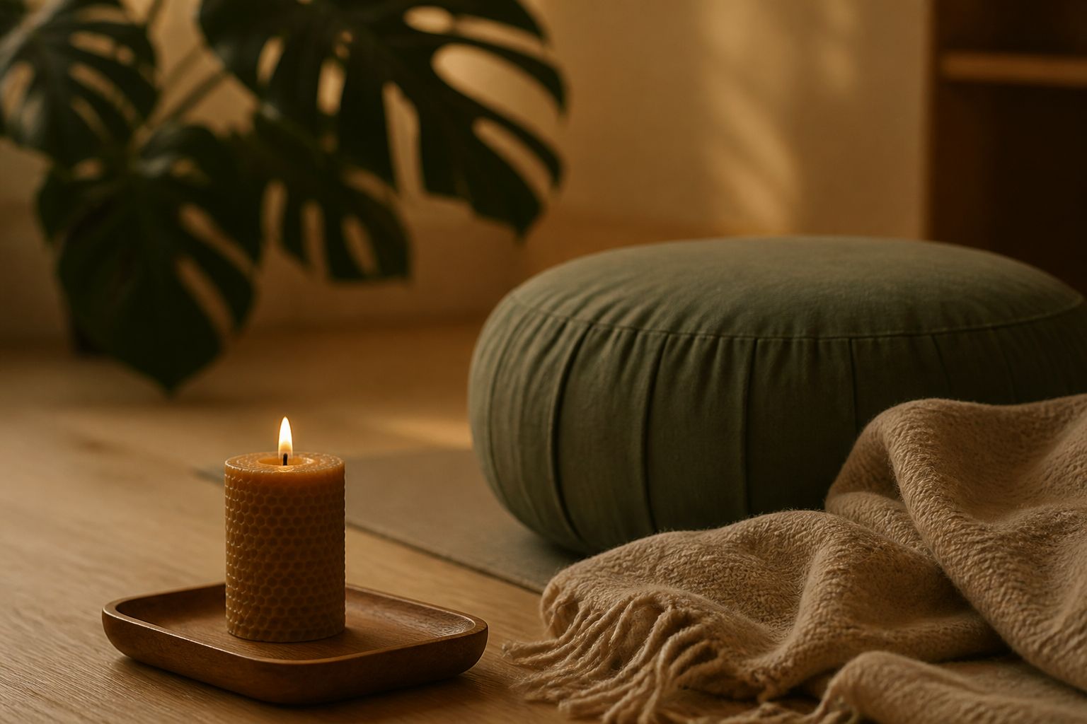 Lit candle on a wooden tray beside a meditation cushion