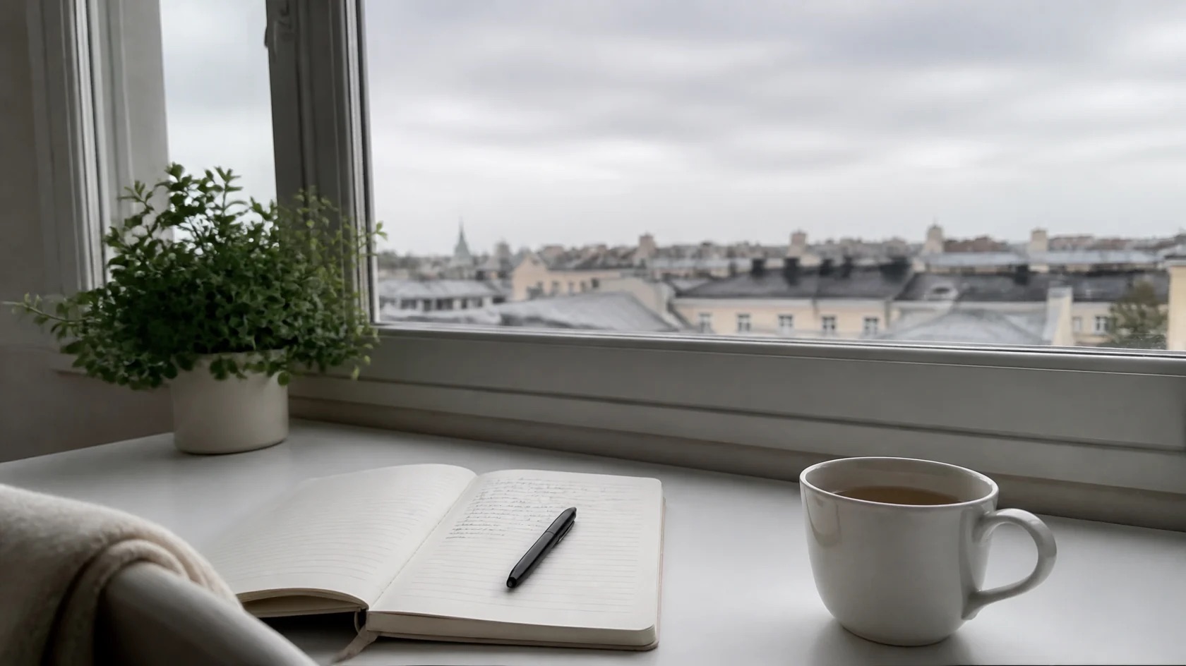 Open notebook, pen and a mug of tea on a white desk by a window over the rooftops