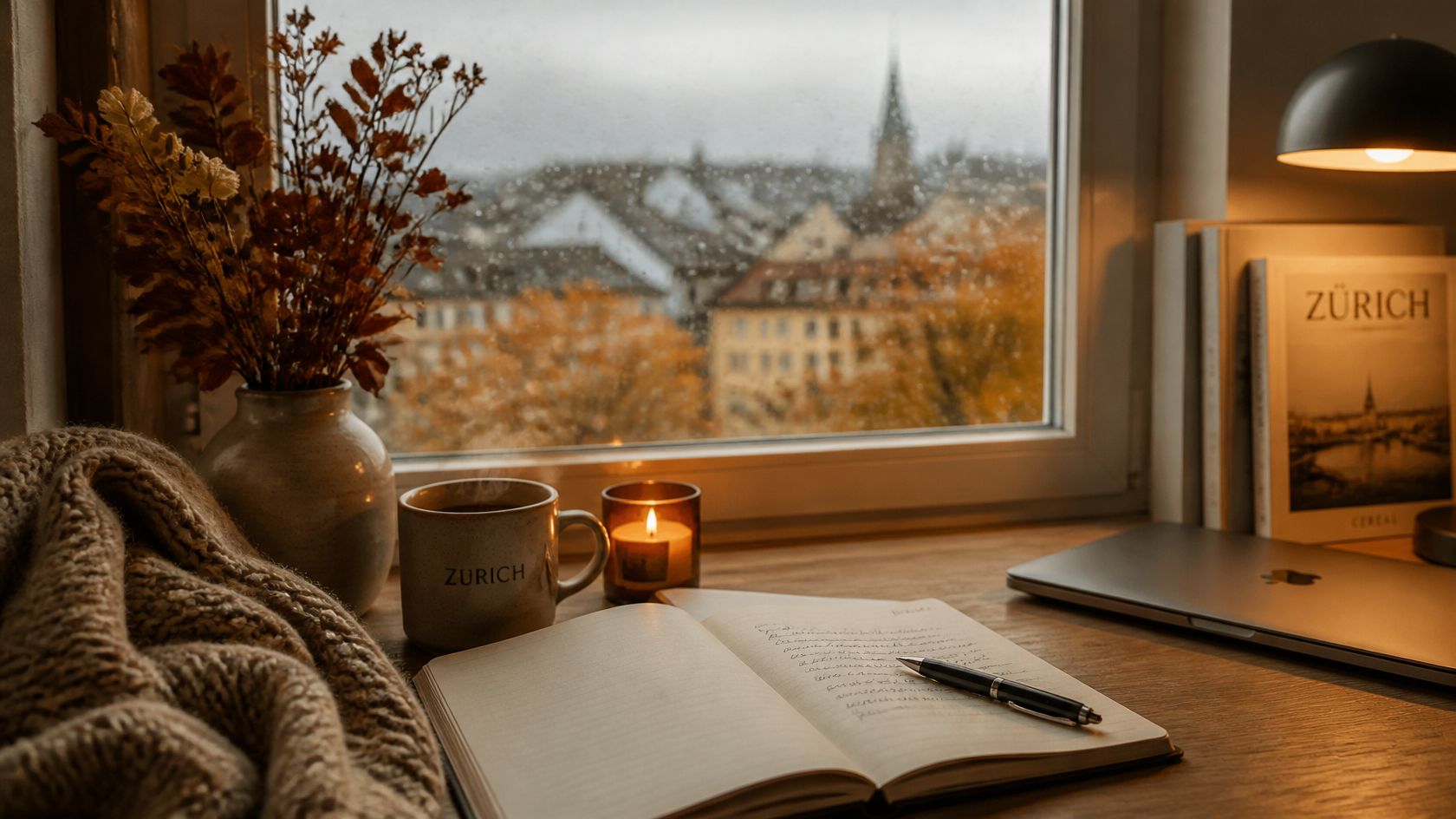 Open notebook, pen and a candle on a desk by a window overlooking the rooftops of Zürich